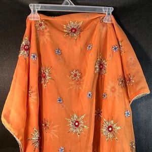 Vintage sari wrap scarf. 80” long x 37” wide. Salmon orange.‎ Embroidered 116